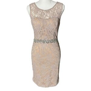 City Triangles Size 4 Cocktail Dress Beige Nude Open Back Beaded Waist Bodycon